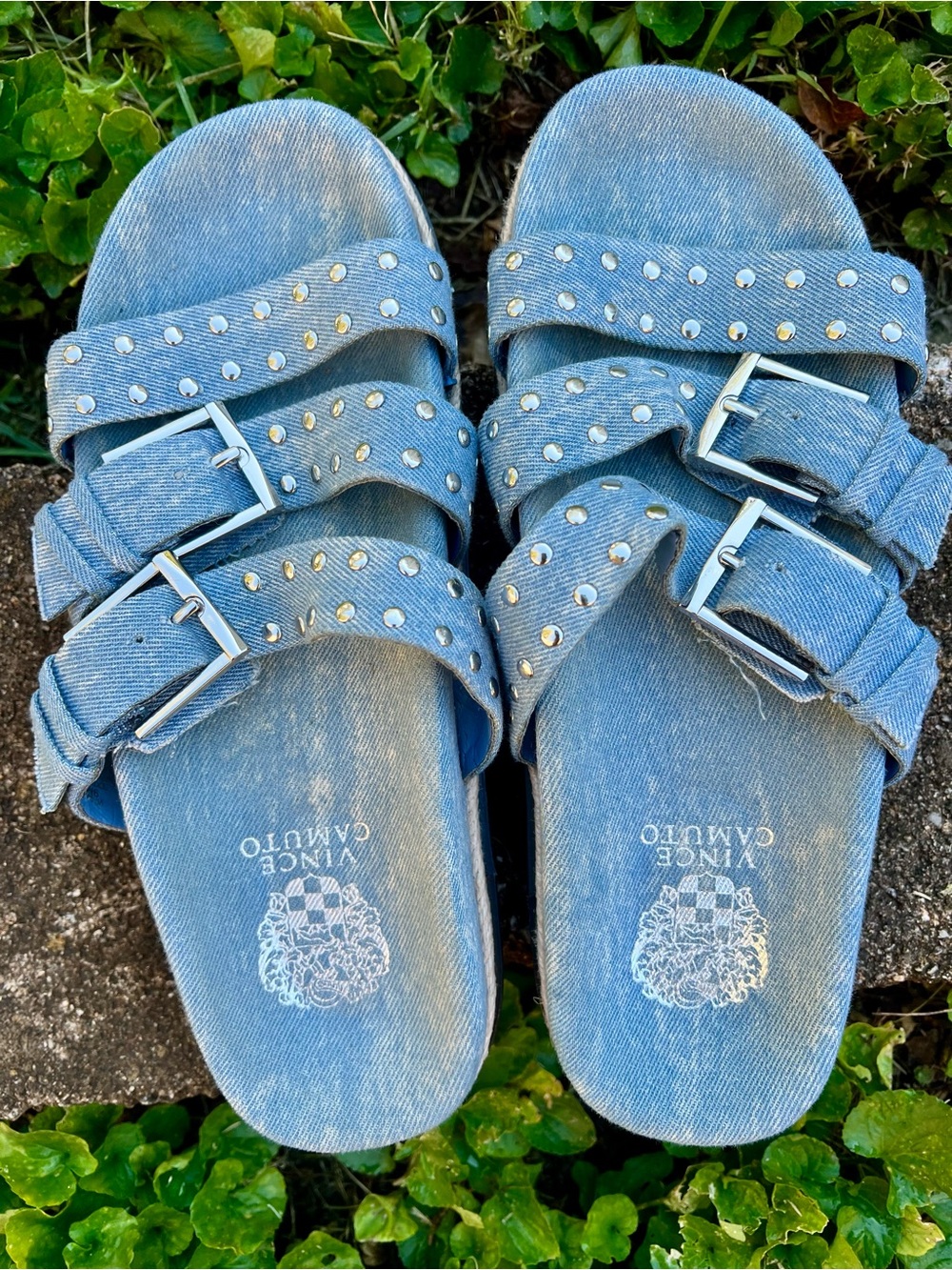 Vince Camuto Denim Burkenstock sandals slides studded silver 90’s granola girl 9